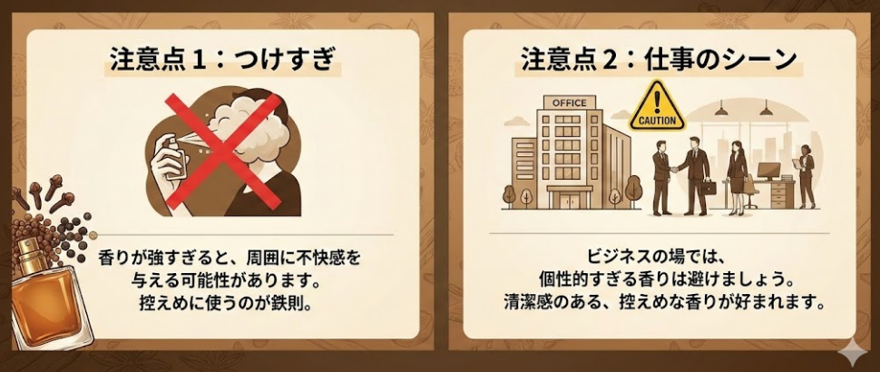 スパイシーな香りも含まれているので以下のポイントには注意